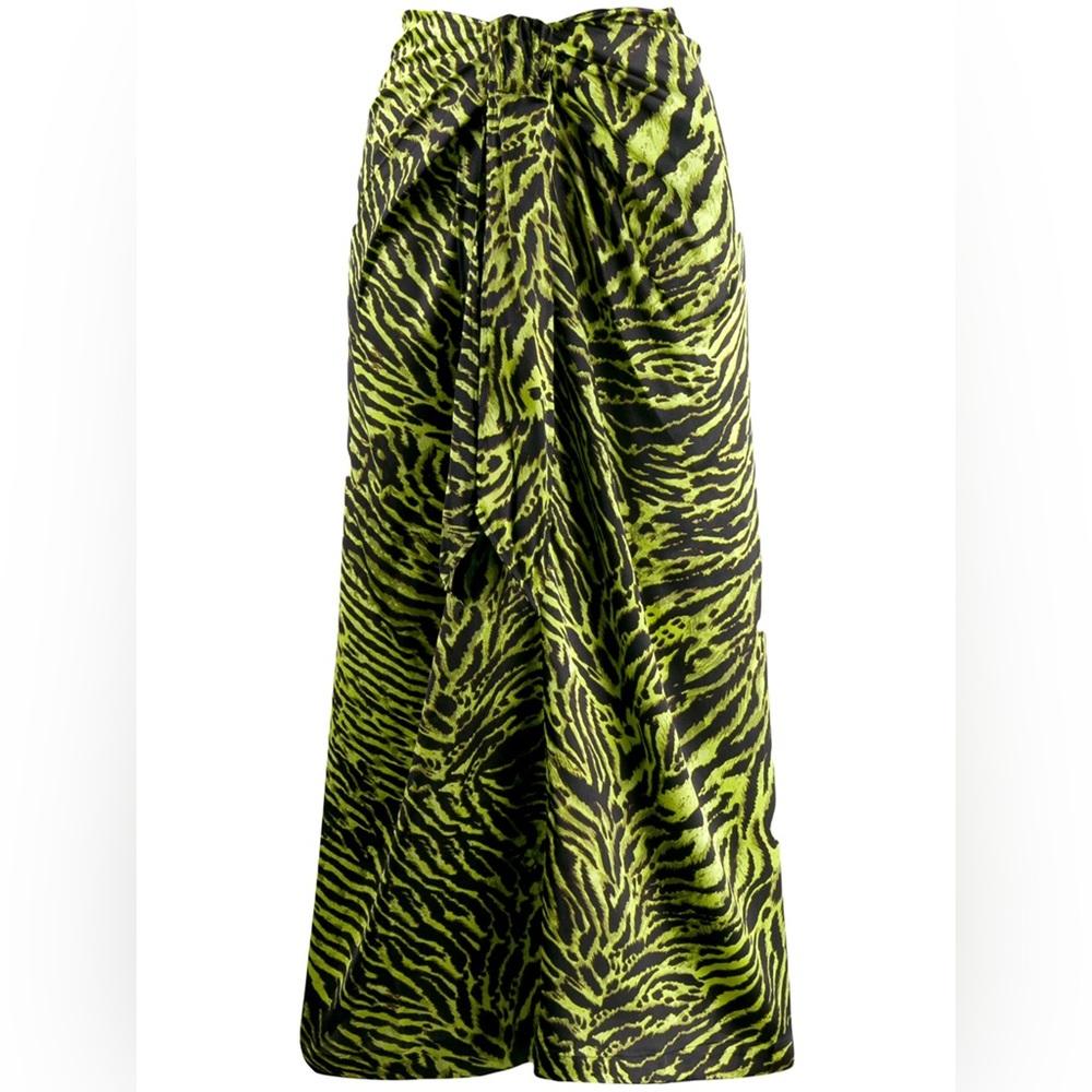 Ganni lime tiger print wrap front maxi silk skirt